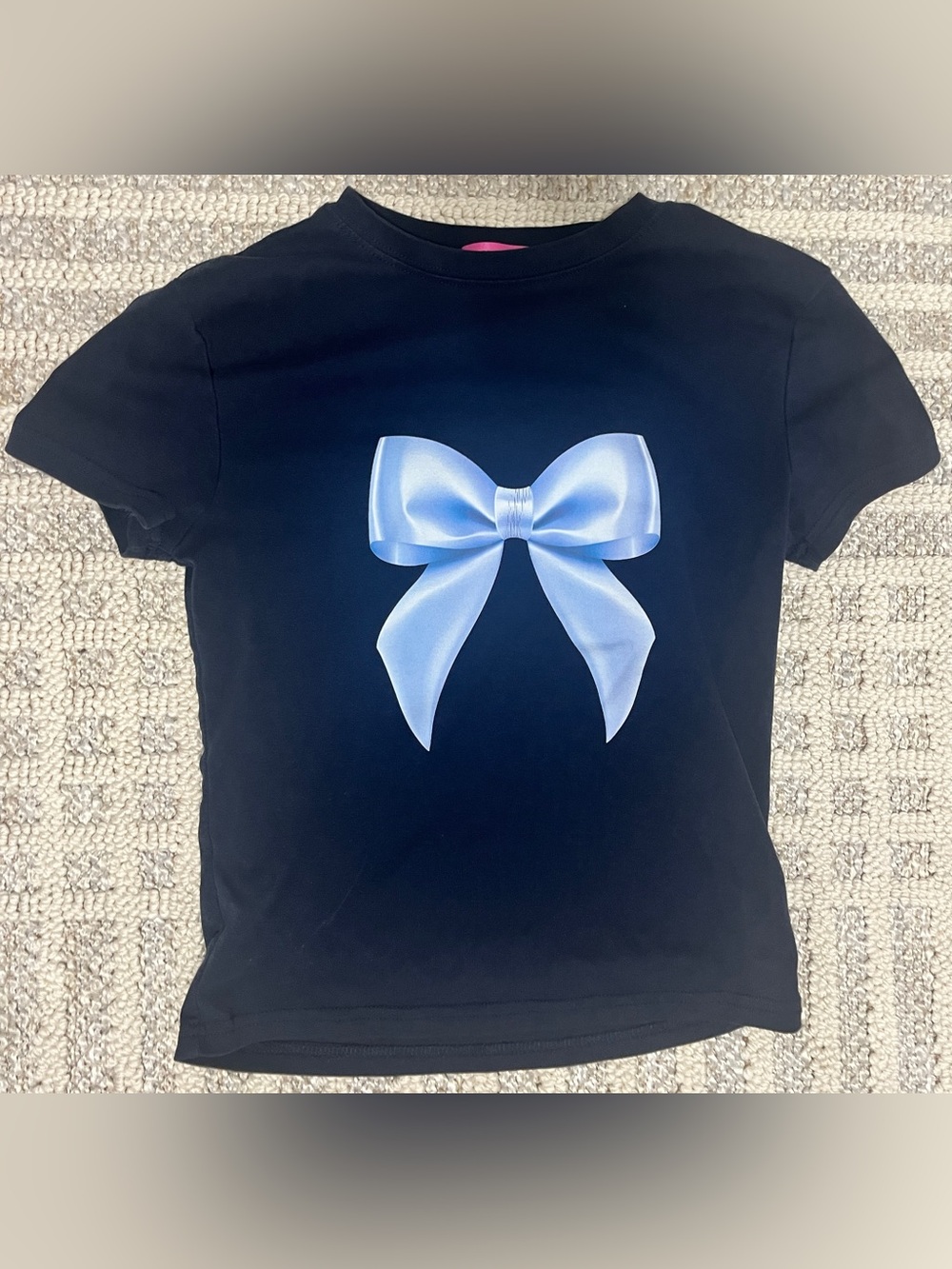 Edikted navy blue tee with Light Blue Bow Graphic medium